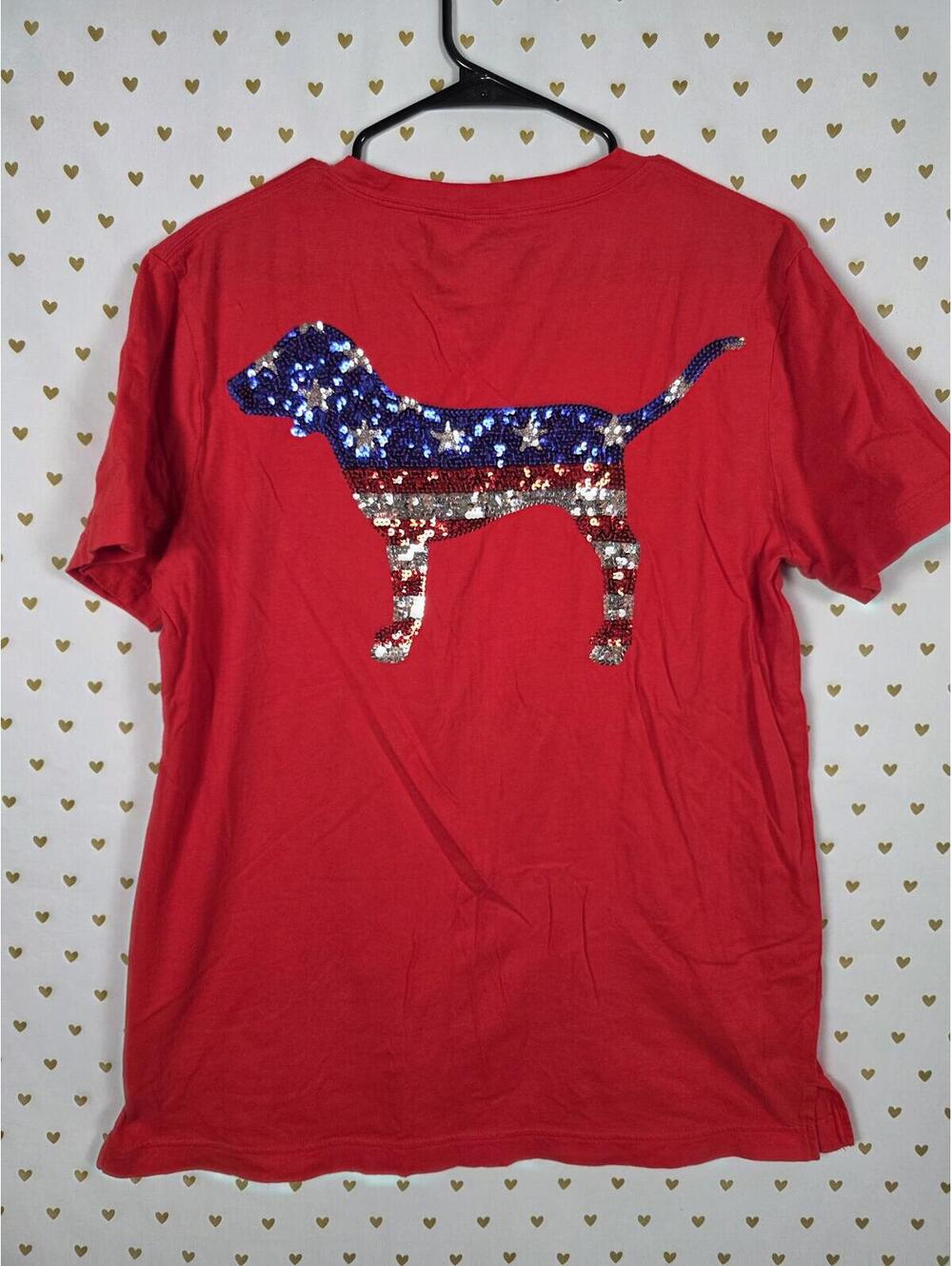 Victorias Secret PINK USA America BLING Flag Sequined Tee shirt MEDIUM